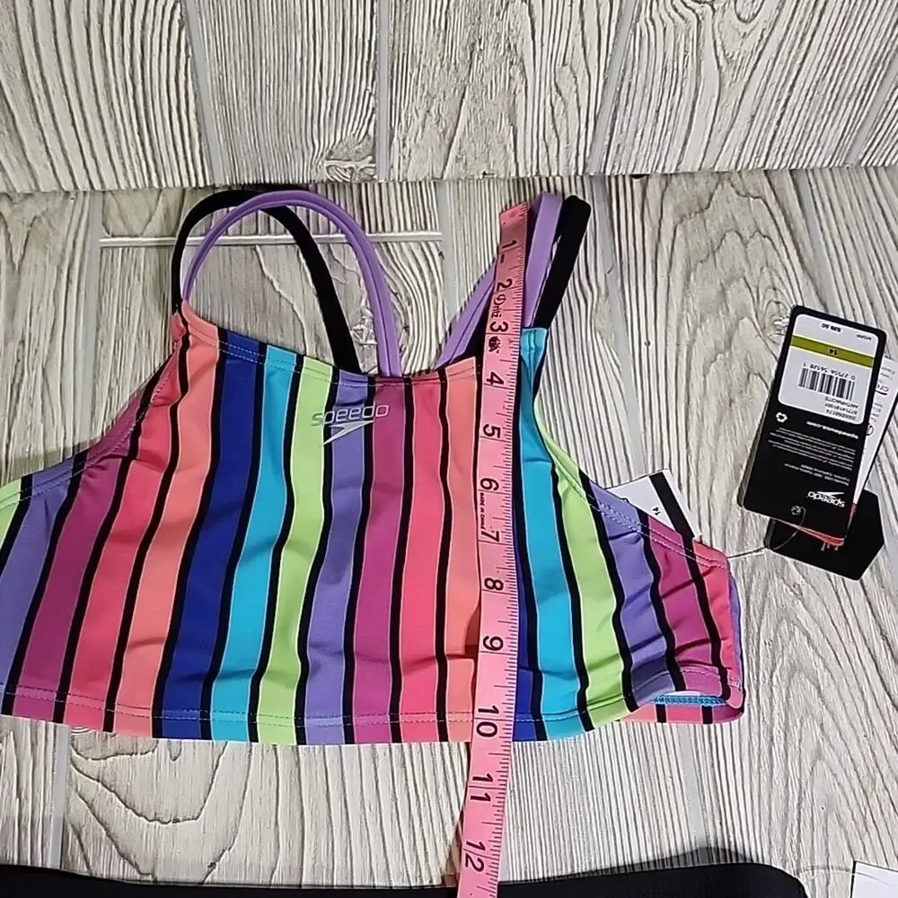 Speedo Girl's Size 14 Black Pink Blue Striped Bikini Swimsuit NWT